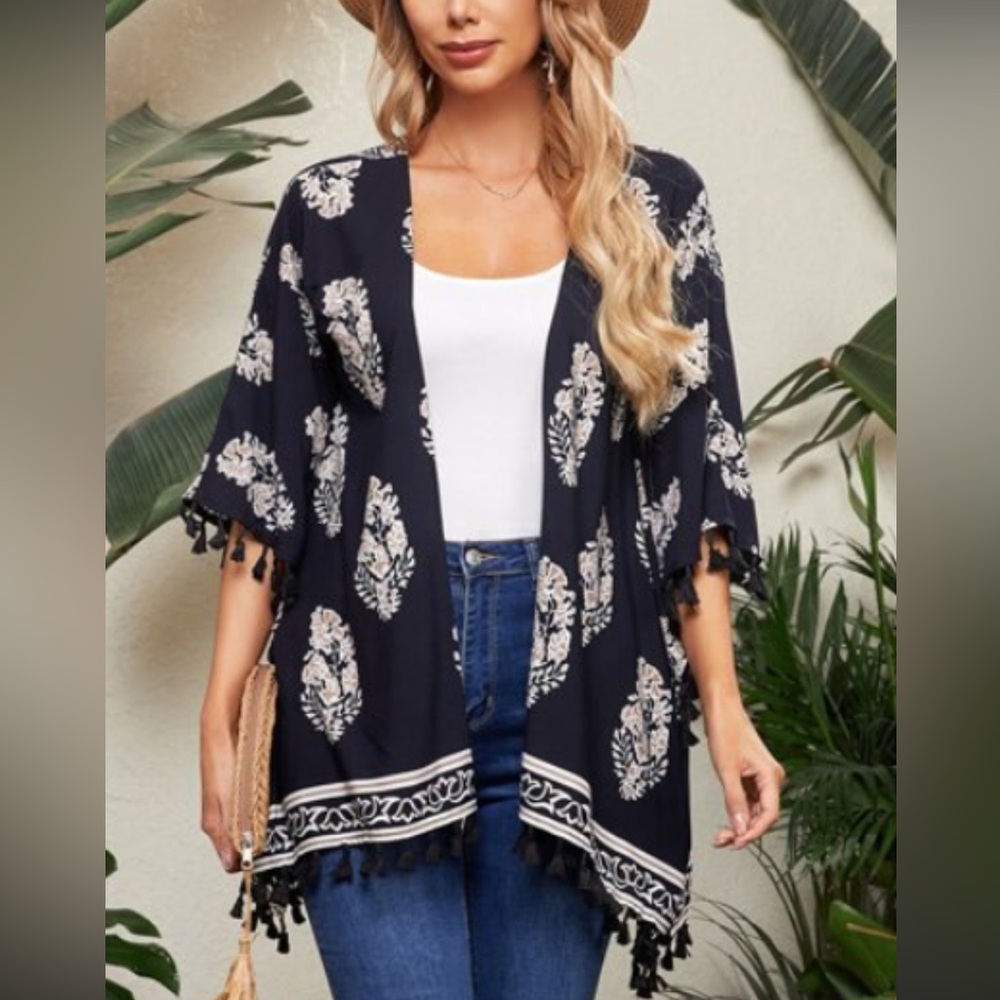 Kori Sheer Kimono Duster M tassels cover up Shaw #77 sz07978